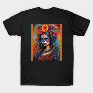 Vibrant Woman in Sugar Skull Makeup: Celebrating Day of the Dead T-Shirt